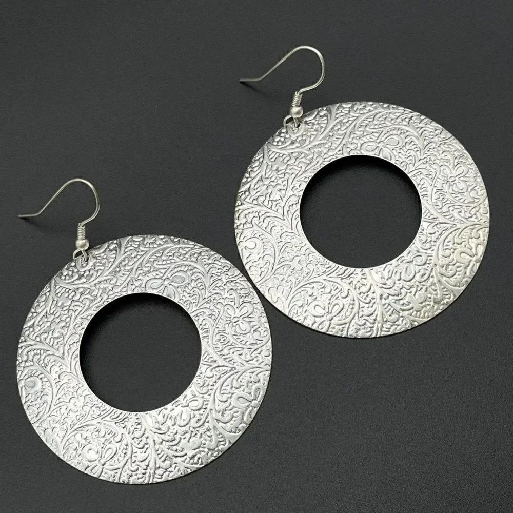 Silver Cut Out Round Floral Embossed Textured Open Hoop Dangling Hook Earrings